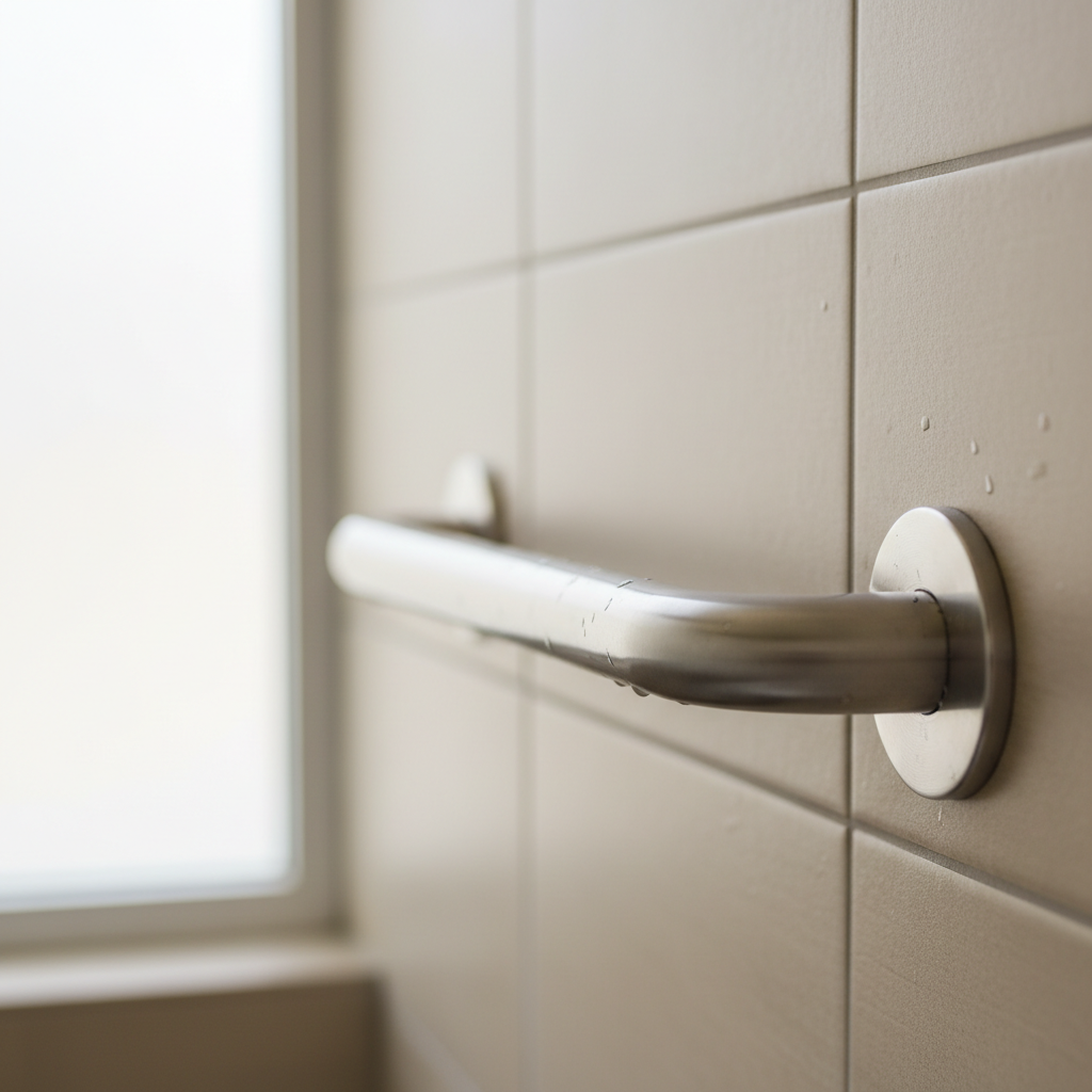 A close-up of a polished chrome grab bar installed securely onto a neutral-tiled bathroom wall. The grab bar's brushed metal surface catches soft, diffused daylight coming from a frosted glass window nearby, producing subtle highlights and clean reflections. The shallow depth of field keeps the grab bar in sharp focus while the background tiles melt into a creamy, unobtrusive blur. The composition uses a rule of thirds alignment for a professional, balanced feel. The mood is reassuring and practical, conveying safety and accessibility in a meticulously maintained space. The image style is photographic, emphasizing clarity and minimalism to support the message of reliable, dignified home care support.