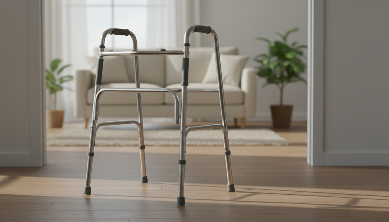 A pristine, stainless steel mobility aid—specifically a folding walker with rubber hand grips—neatly positioned on a warm, taupe-toned hardwood floor near an open doorway. Natural midday light enters from the side, gently illuminating the metallic surfaces and casting precise, soft-edged shadows onto the floor without overwhelming reflections. The doorway frames a view of a tranquil, tastefully decorated living area in neutral colors, blurred to keep focus on the mobility aid. Captured from a slightly low, three-quarter angle to show the stability and subtle details of the device, the mood is one of reassurance and empowerment. The photographic style is clean and professional, echoing the site’s promise of safety and compassionate support for independent living.