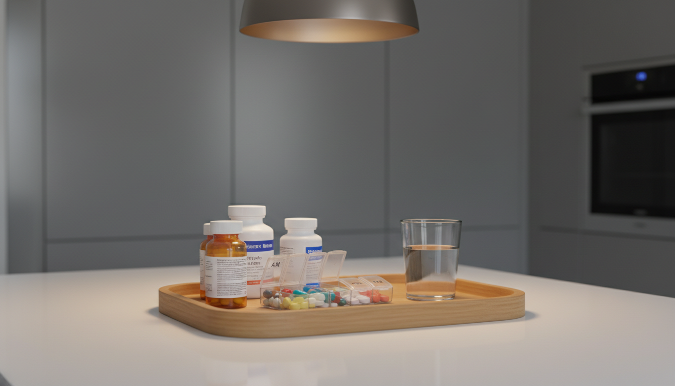 A tastefully arranged collection of prescription bottles, labeled pill organizers, and a simple glass of water, all resting on a smooth, light oak tray with rounded corners. The tray is set atop a pristine white kitchen counter under gentle overhead pendant lighting that creates soft, ambient illumination and faint shadows around the objects. The background is intentionally uncluttered, featuring a blurred hint of built-in cabinetry in muted grey tones. Photographed from an eye-level perspective with moderate depth of field, the scene feels structured, balanced, and entirely orderly. The mood is calm and methodical, supporting a corporate, trustworthy approach to domiciliary wellness routines through photographic realism and a clean, neutral color palette.