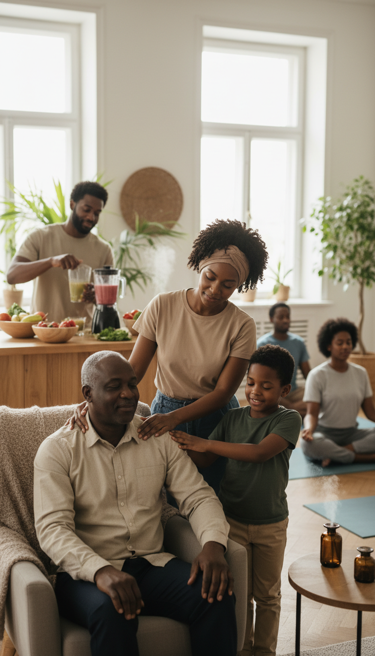 a photo depicting Black people engaged in caregiving activities that reflect care and wellness