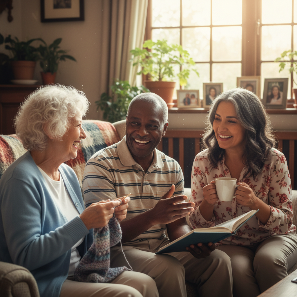 A joyful scene of friendly companionship in a home care setting—smiling adults or seniors sharing a pleasant conversation or activity together, showing warmth, connection, and positivity without looking needy or sad.