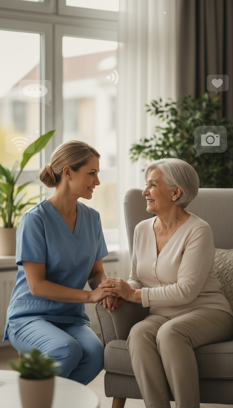 A professional, caring environment representing both care and contact—such as a warm, friendly caregiver talking with a smiling client, digital communication icons present, modern, approachable, and realistic (not artificial or generic)